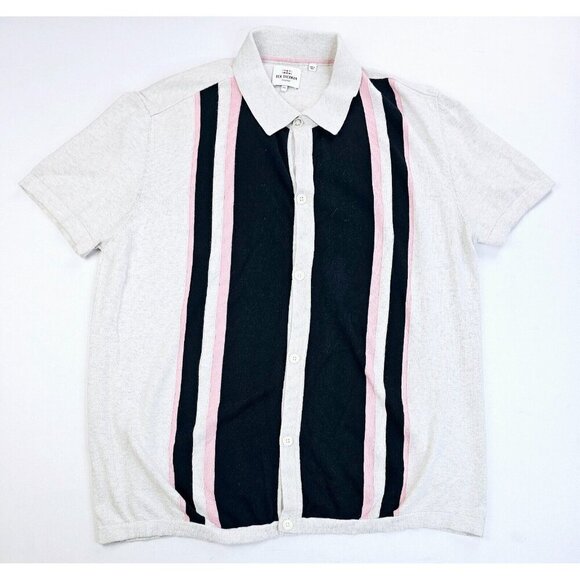 Ben Sherman Size 2XL Mens Gray Pink Black Stripe Short Sleeve Logo Sweater Shirt - Picture 1 of 10